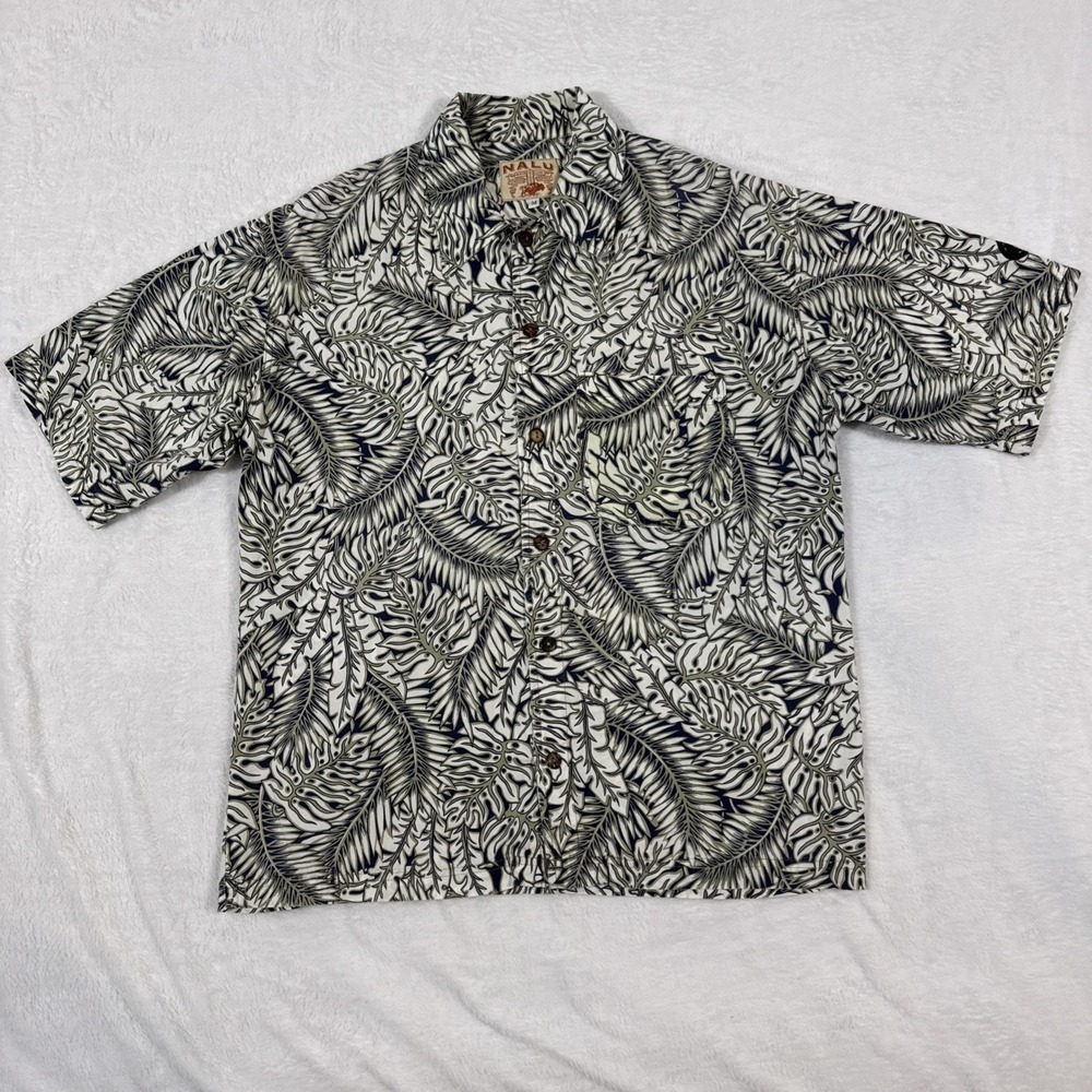 Vintage‎ Nalu Hawaiian Buffalo Shirt Mens Medium Olive Green Tropical Leaf Print